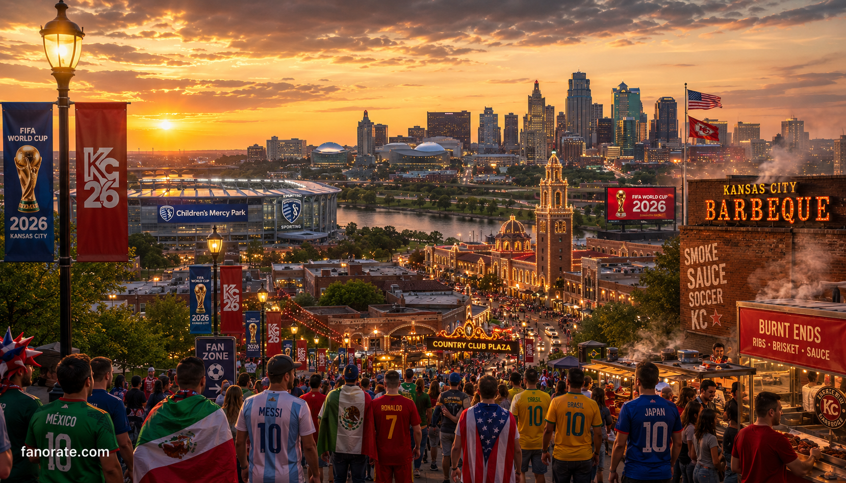 Arrowhead Stadium host city skyline and FIFA World Cup 2026 fan atmosphere