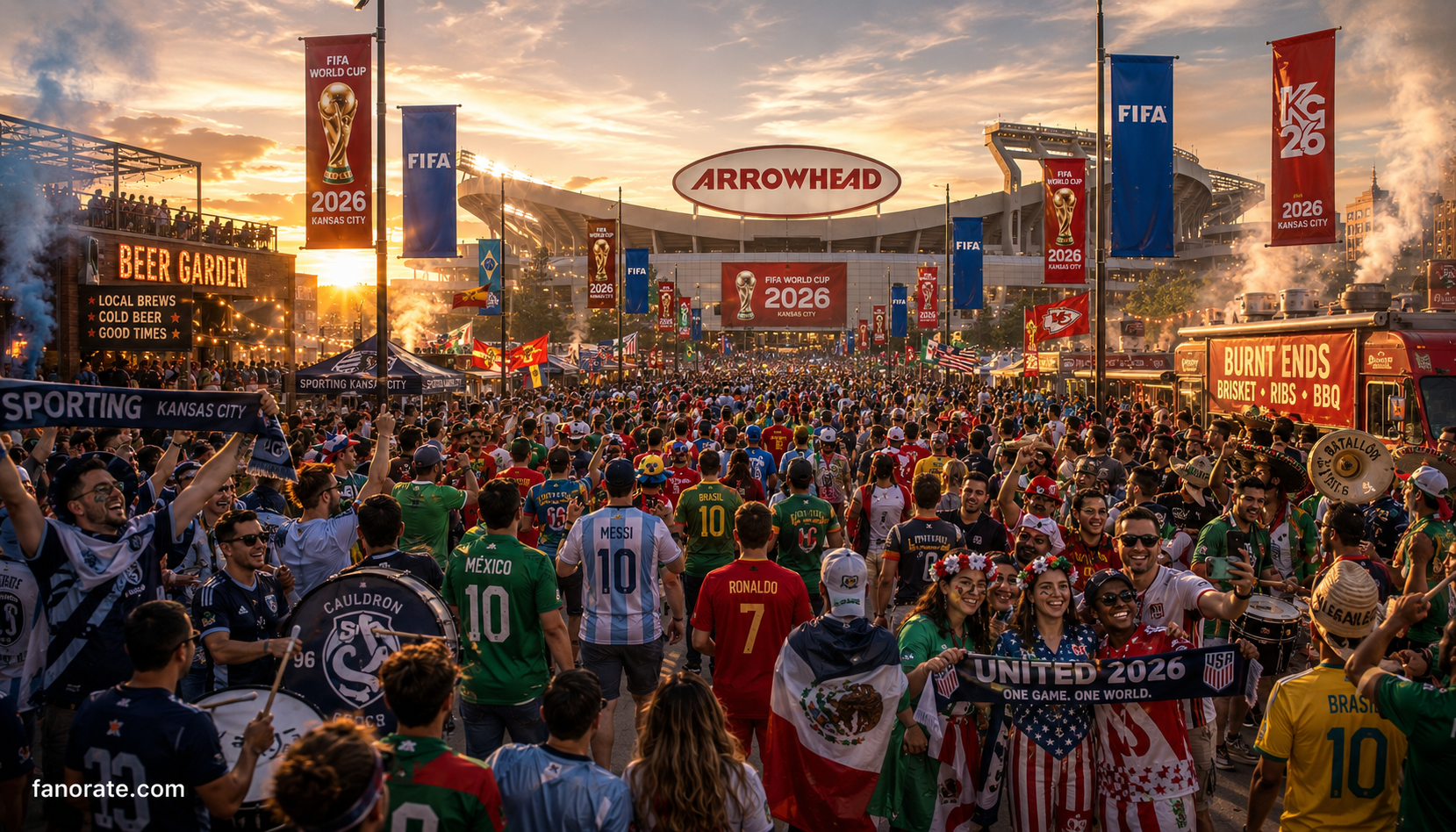 Arrowhead Stadium matchday atmosphere — fans, scarves and FIFA World Cup 2026 energy