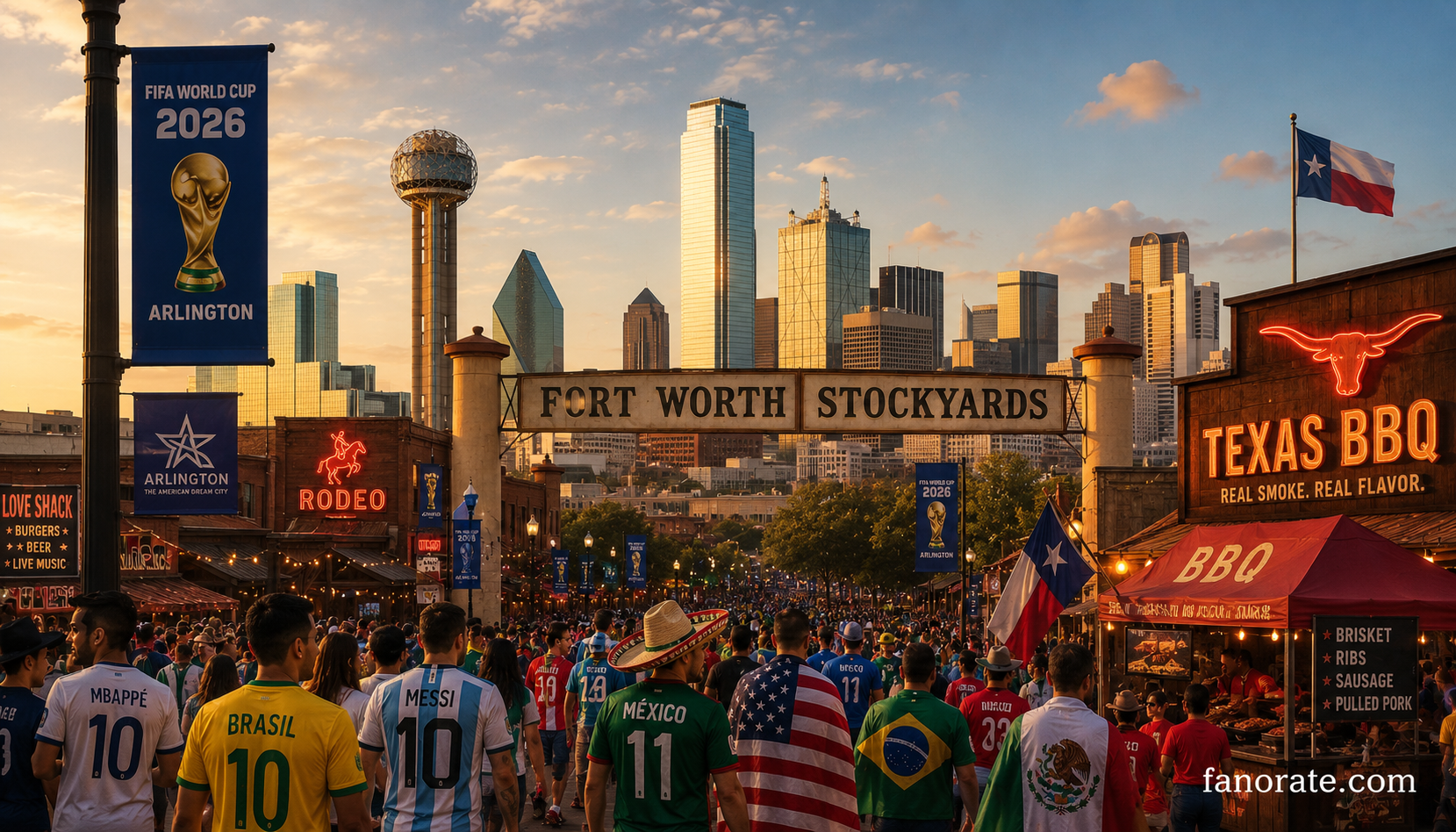 AT&T Stadium host city skyline and FIFA World Cup 2026 fan atmosphere