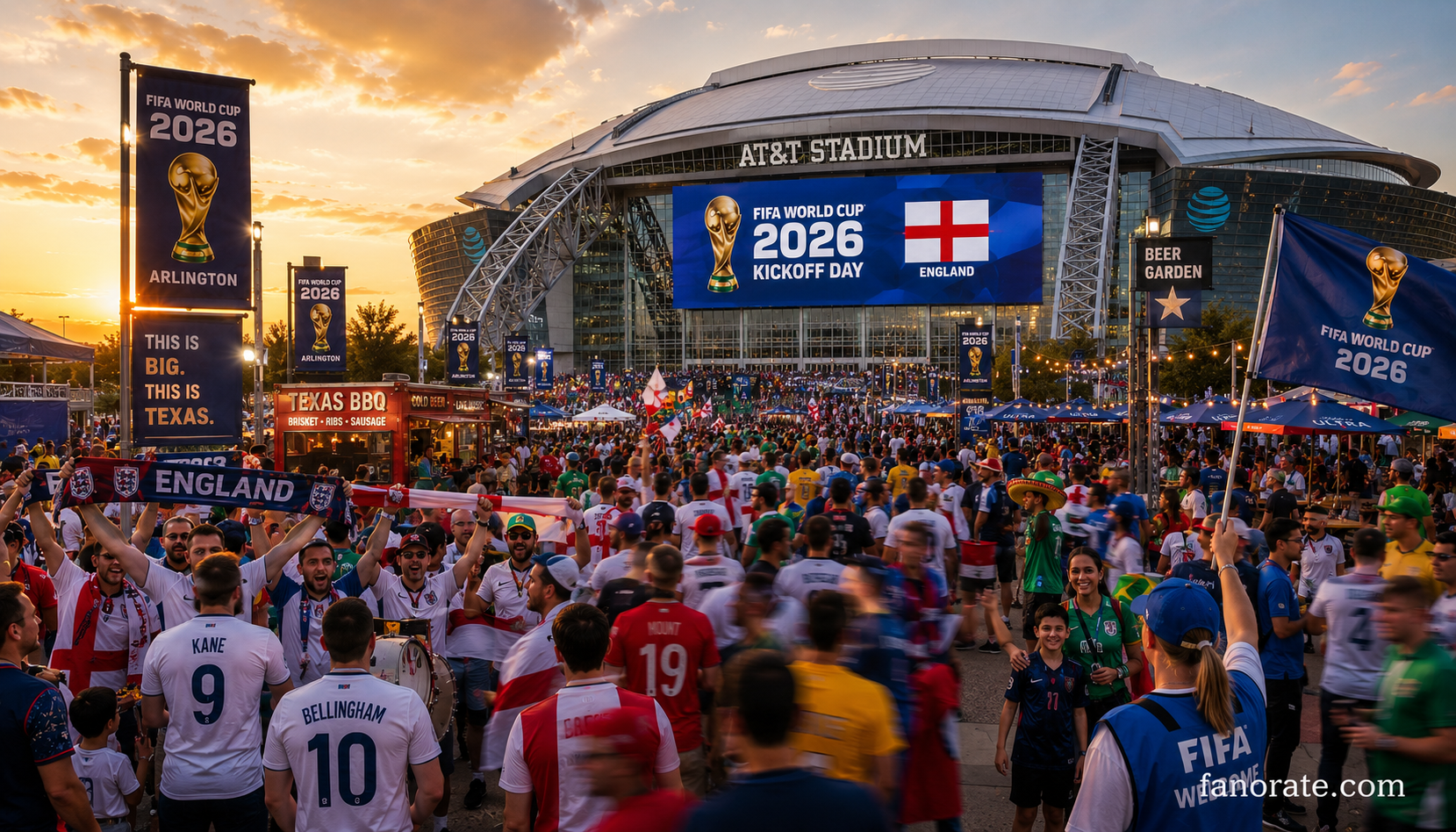 AT&T Stadium matchday atmosphere — fans, scarves and FIFA World Cup 2026 energy