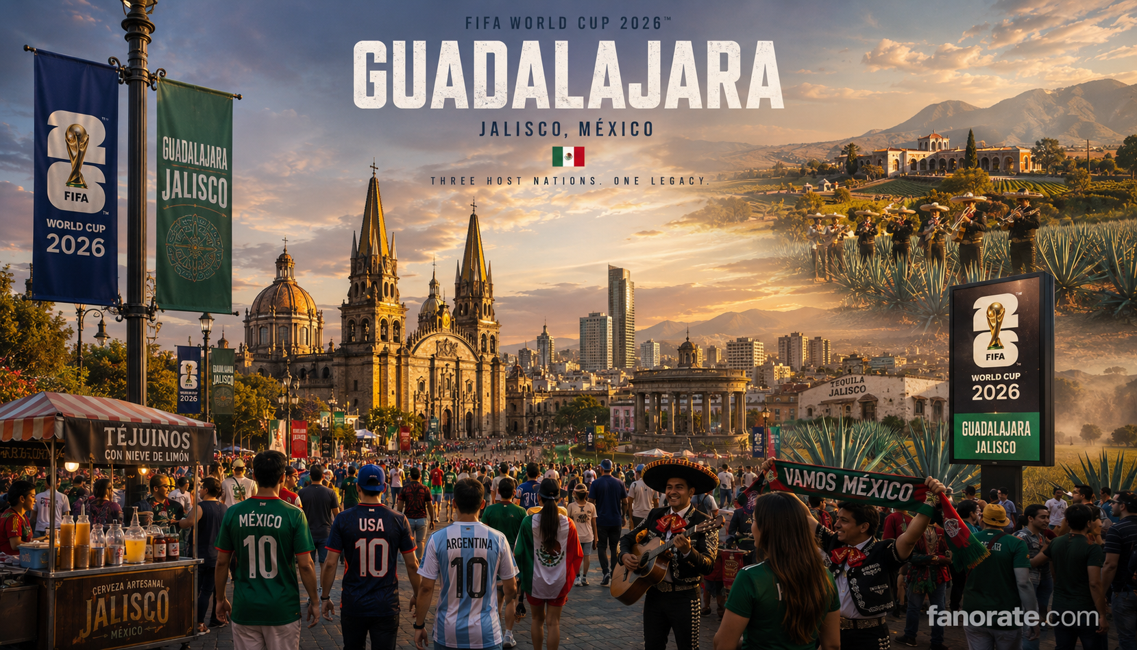 Estadio Akron host city skyline and FIFA World Cup 2026 fan atmosphere