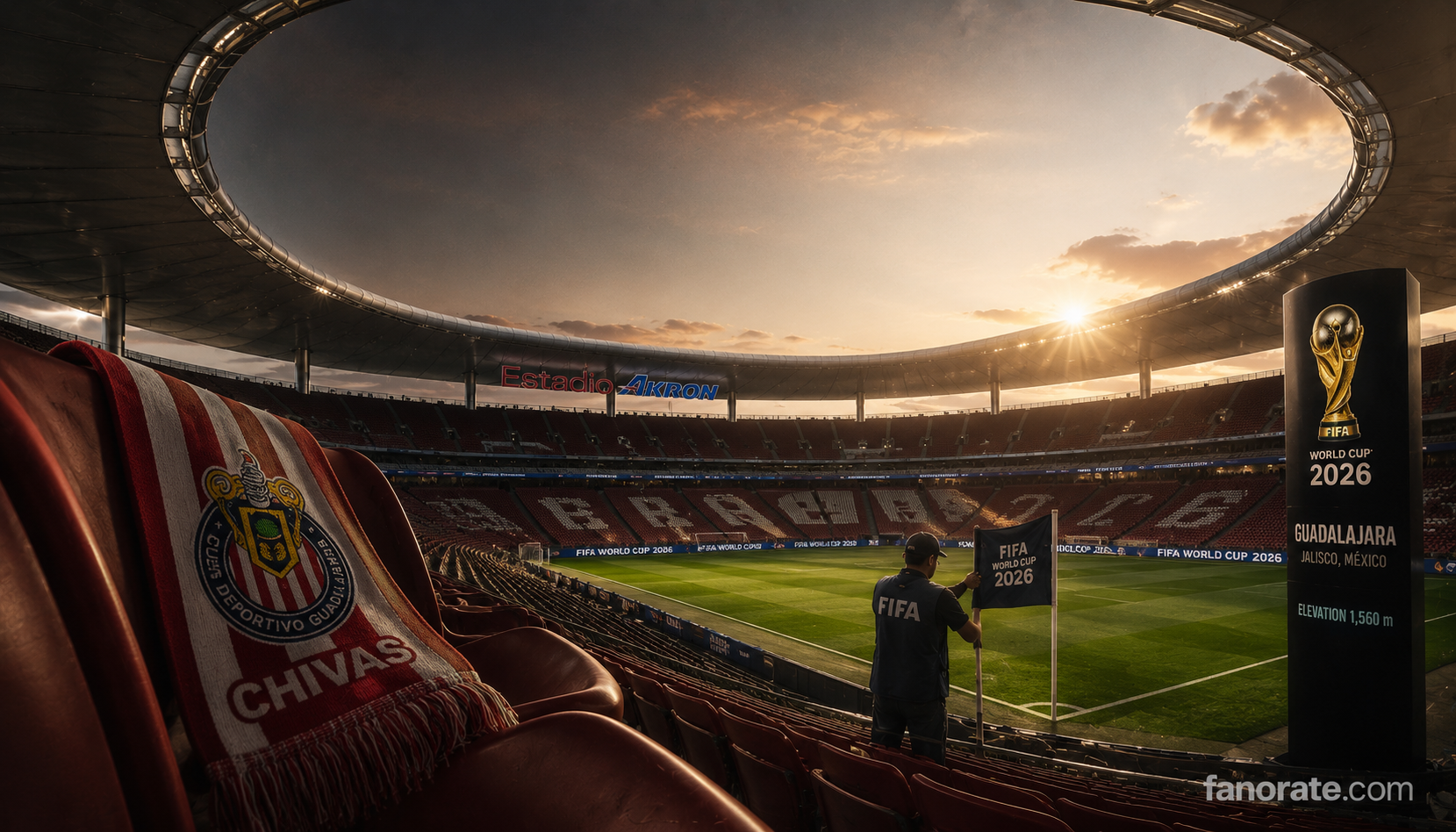 Estadio Akron editorial — cinematic FIFA World Cup 2026 storytelling image