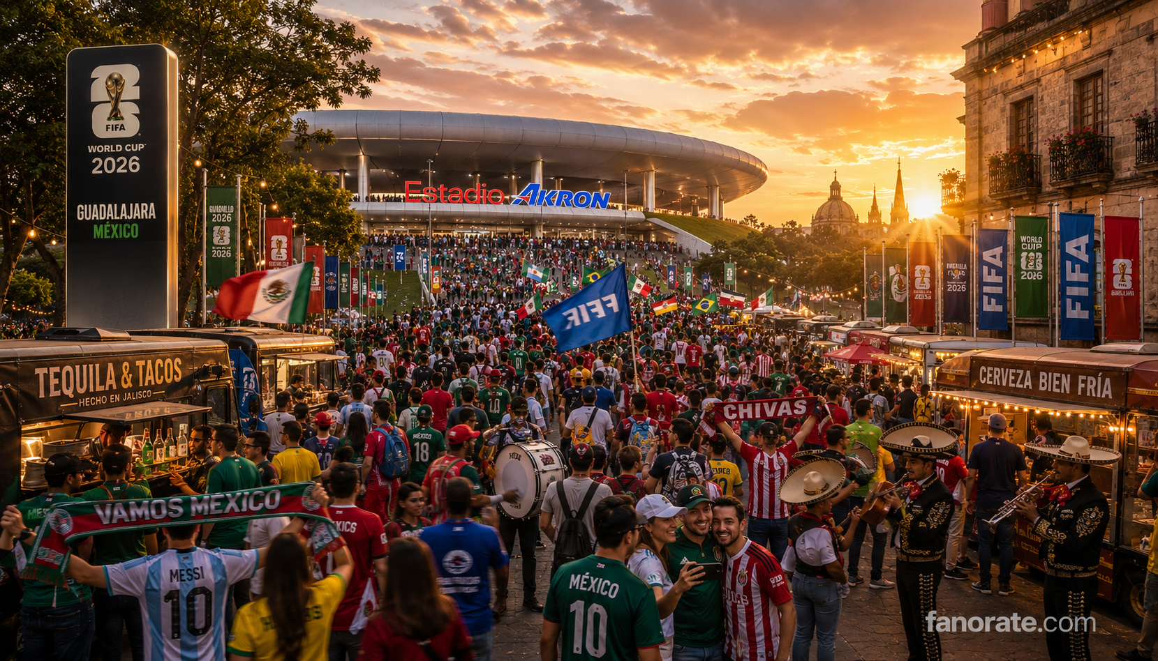 Estadio Akron matchday atmosphere — fans, scarves and FIFA World Cup 2026 energy