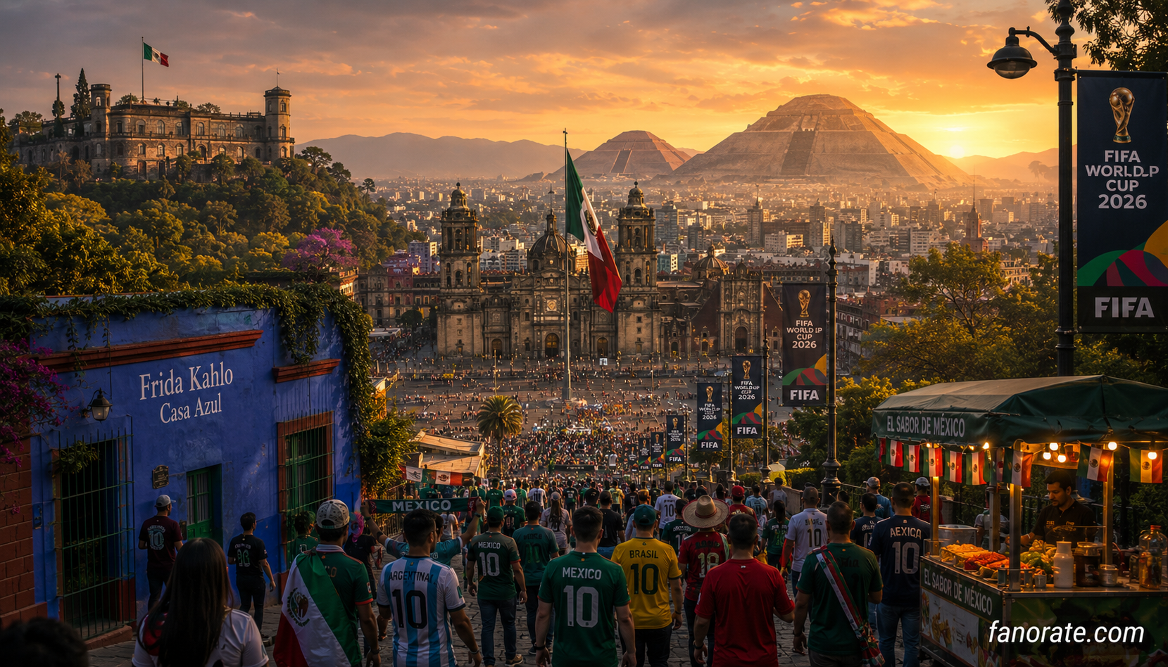 Estadio Azteca host city skyline and FIFA World Cup 2026 fan atmosphere