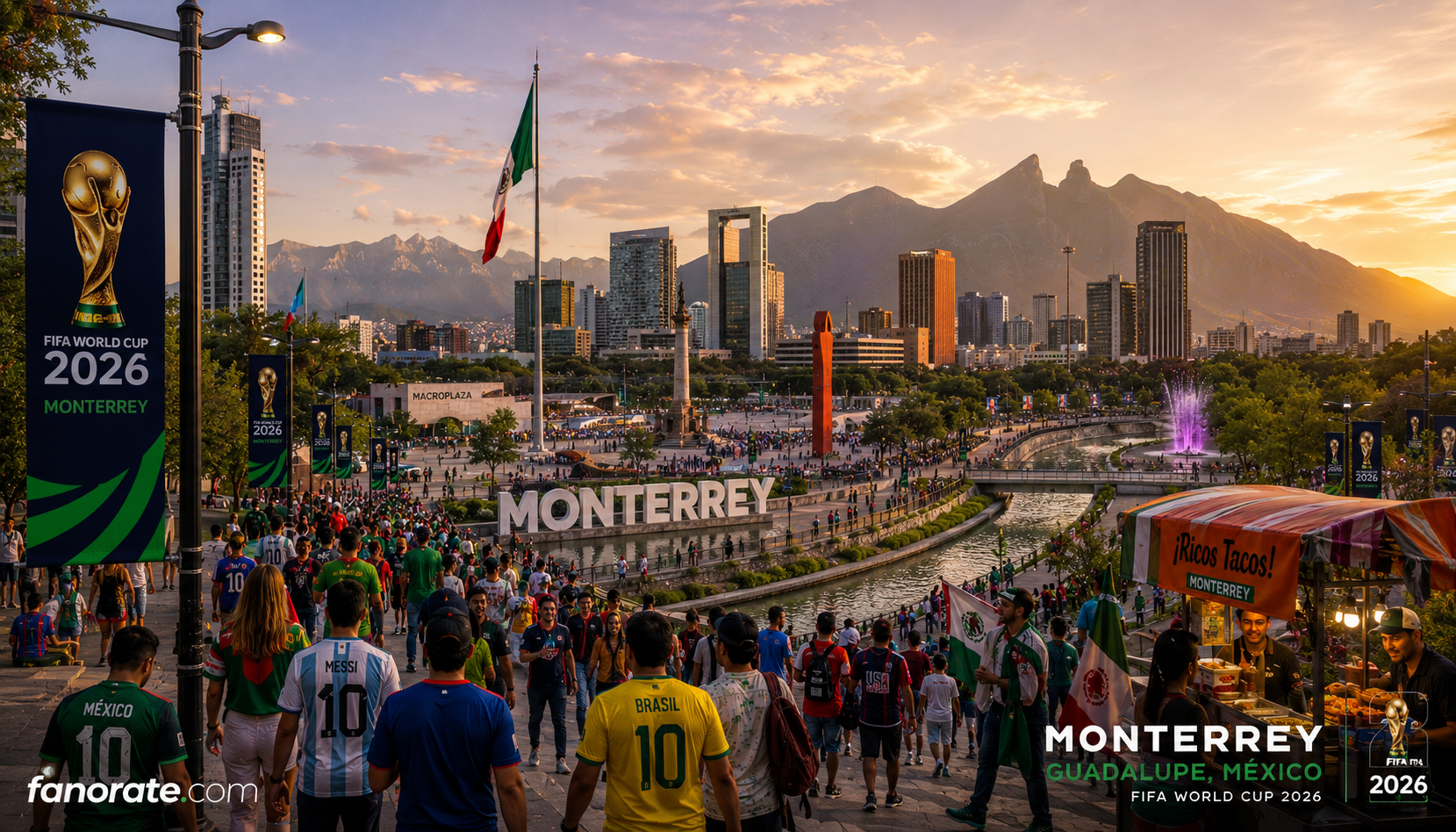 Estadio BBVA host city skyline and FIFA World Cup 2026 fan atmosphere
