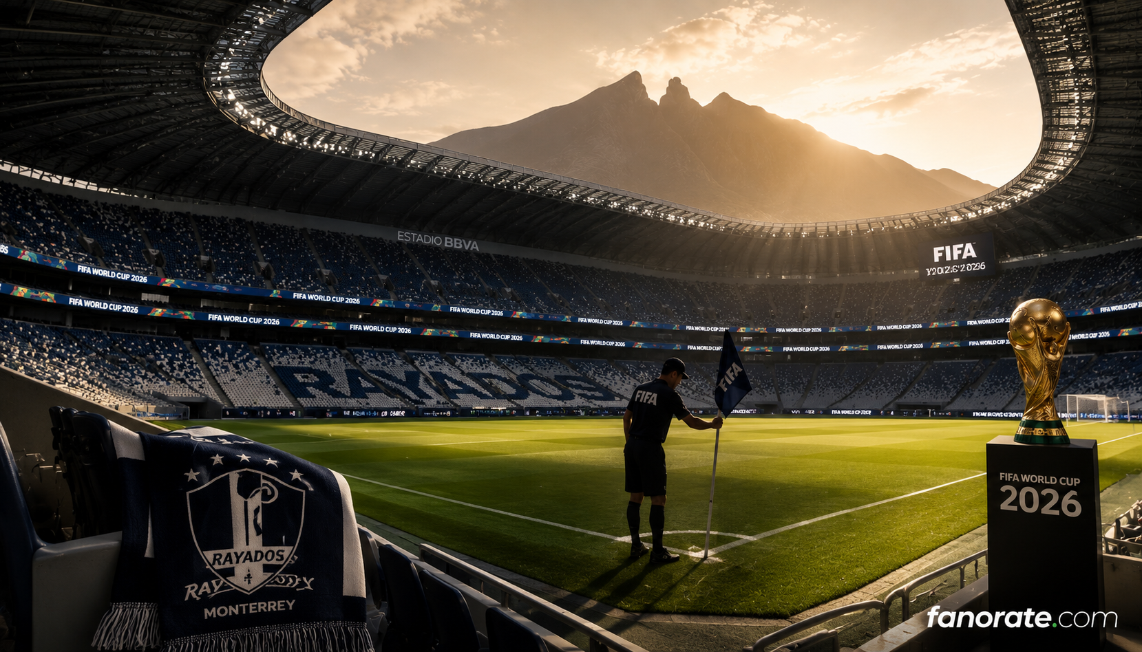 Estadio BBVA editorial — cinematic FIFA World Cup 2026 storytelling image