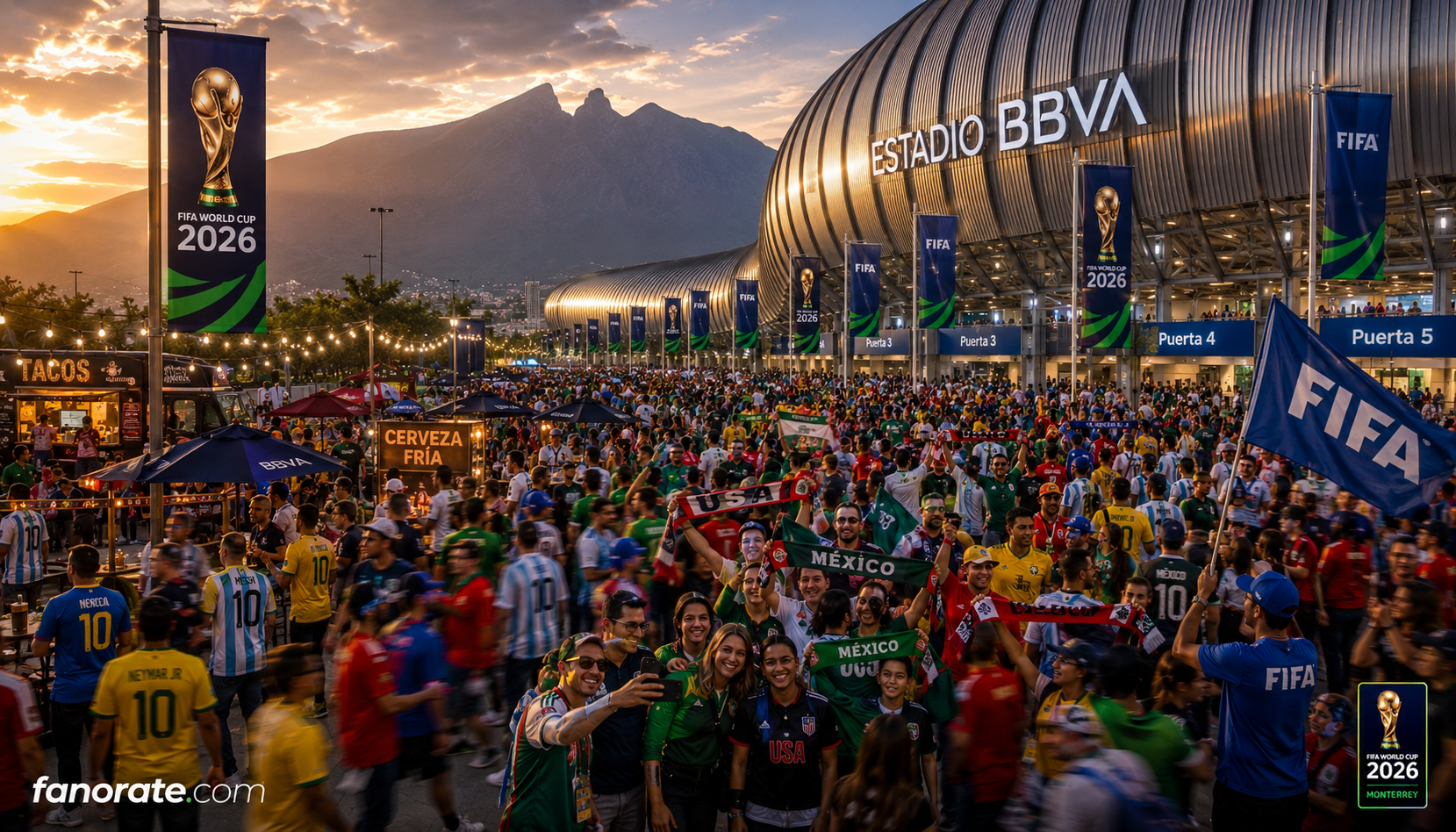 Estadio BBVA matchday atmosphere — fans, scarves and FIFA World Cup 2026 energy