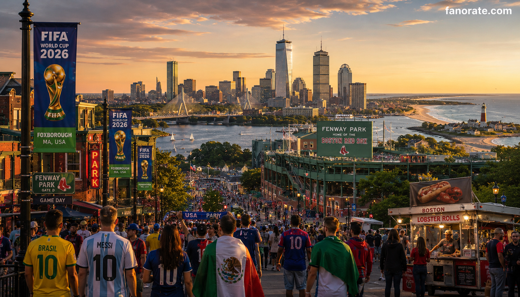 Gillette Stadium host city skyline and FIFA World Cup 2026 fan atmosphere