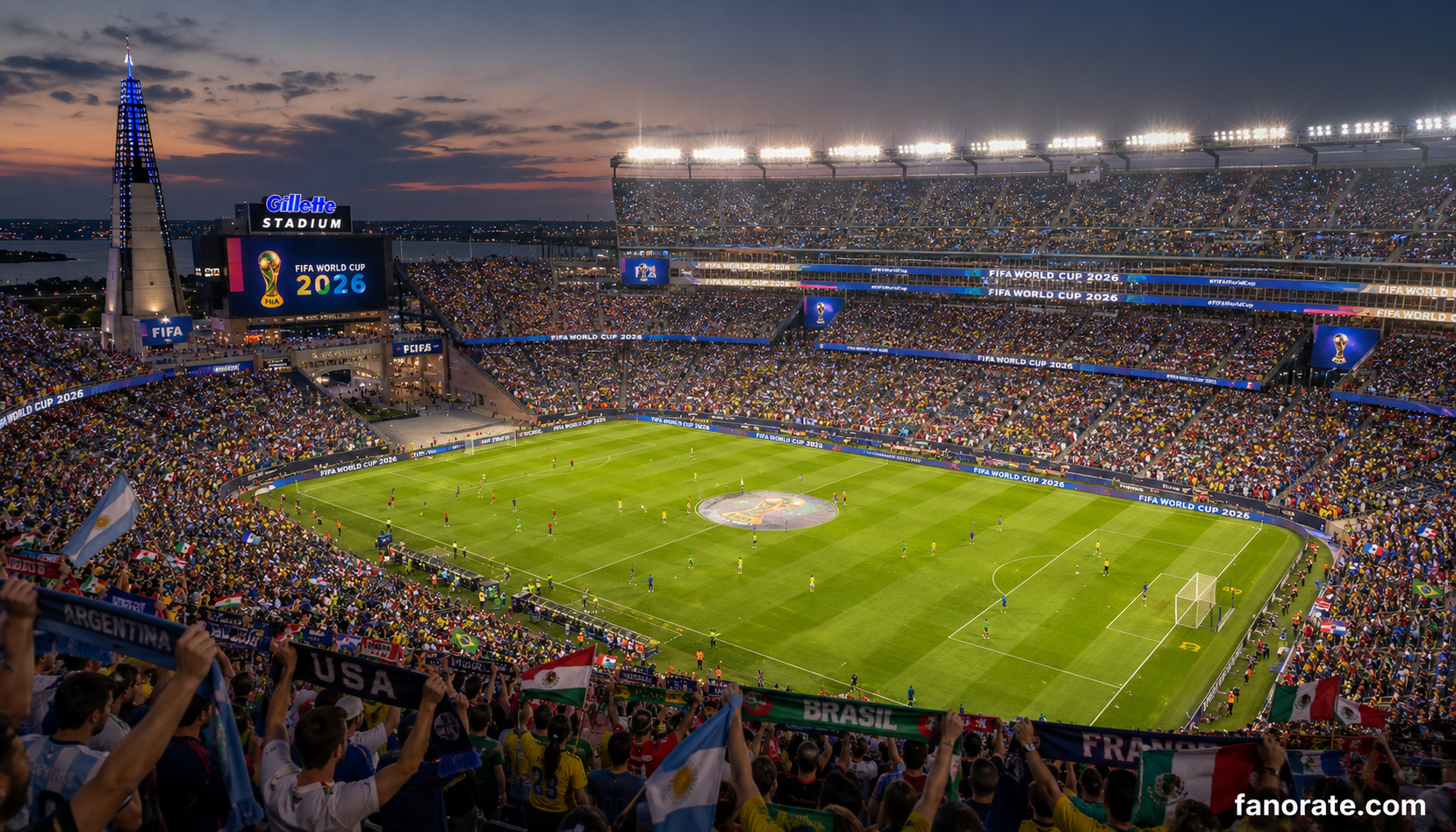Gillette Stadium interior bowl on a FIFA World Cup 2026 matchday