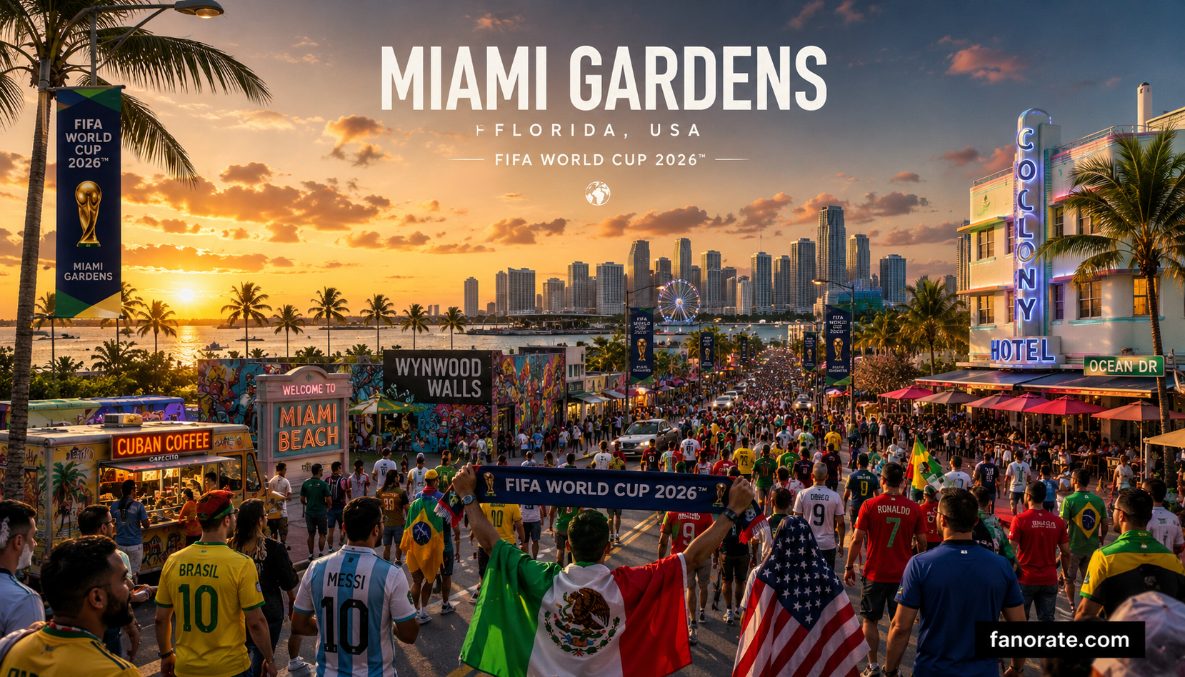 Hard Rock Stadium host city skyline and FIFA World Cup 2026 fan atmosphere