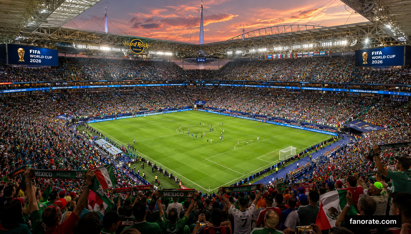 Hard Rock Stadium interior bowl on a FIFA World Cup 2026 matchday