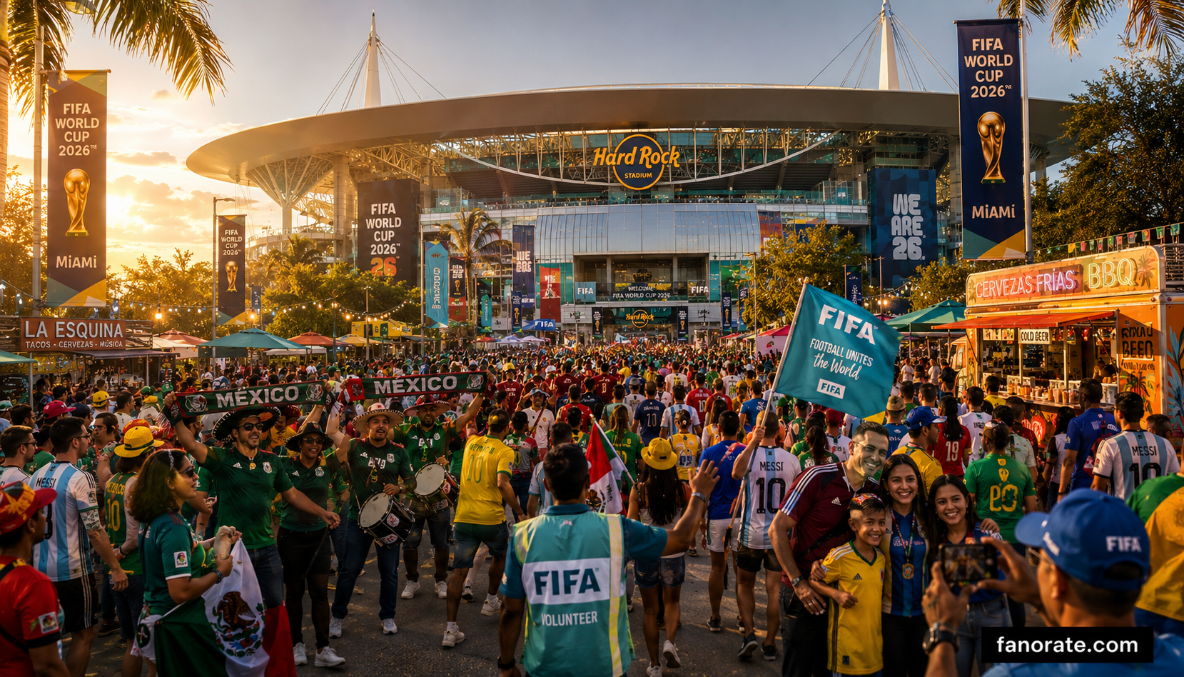 Hard Rock Stadium matchday atmosphere — fans, scarves and FIFA World Cup 2026 energy