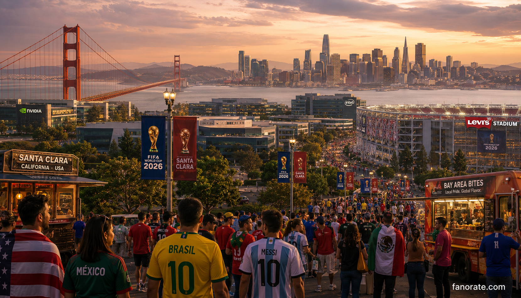 Levi's Stadium host city skyline and FIFA World Cup 2026 fan atmosphere