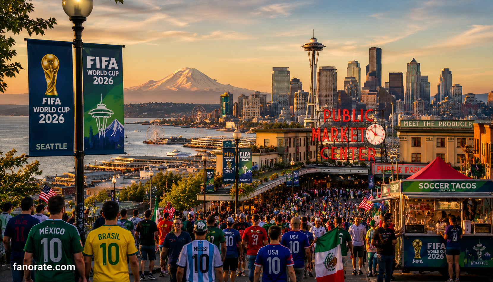 Lumen Field host city skyline and FIFA World Cup 2026 fan atmosphere