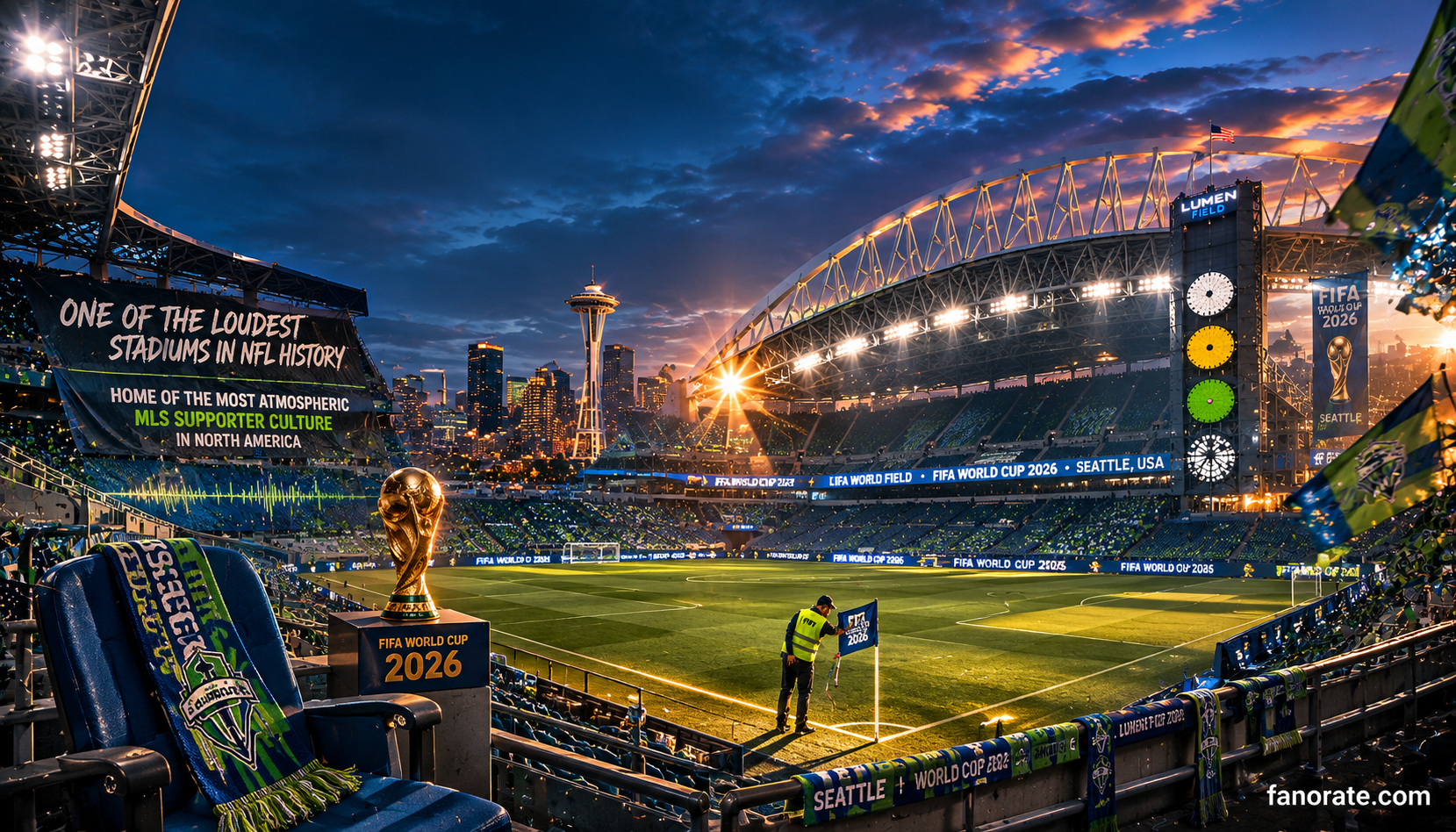 Lumen Field editorial — cinematic FIFA World Cup 2026 storytelling image