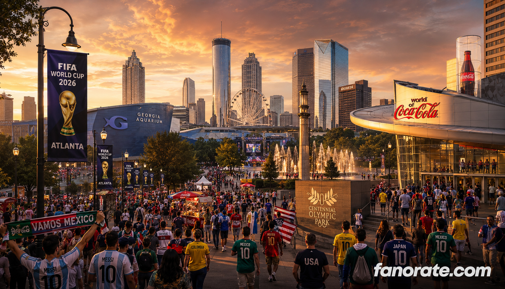 Mercedes-Benz Stadium host city skyline and FIFA World Cup 2026 fan atmosphere