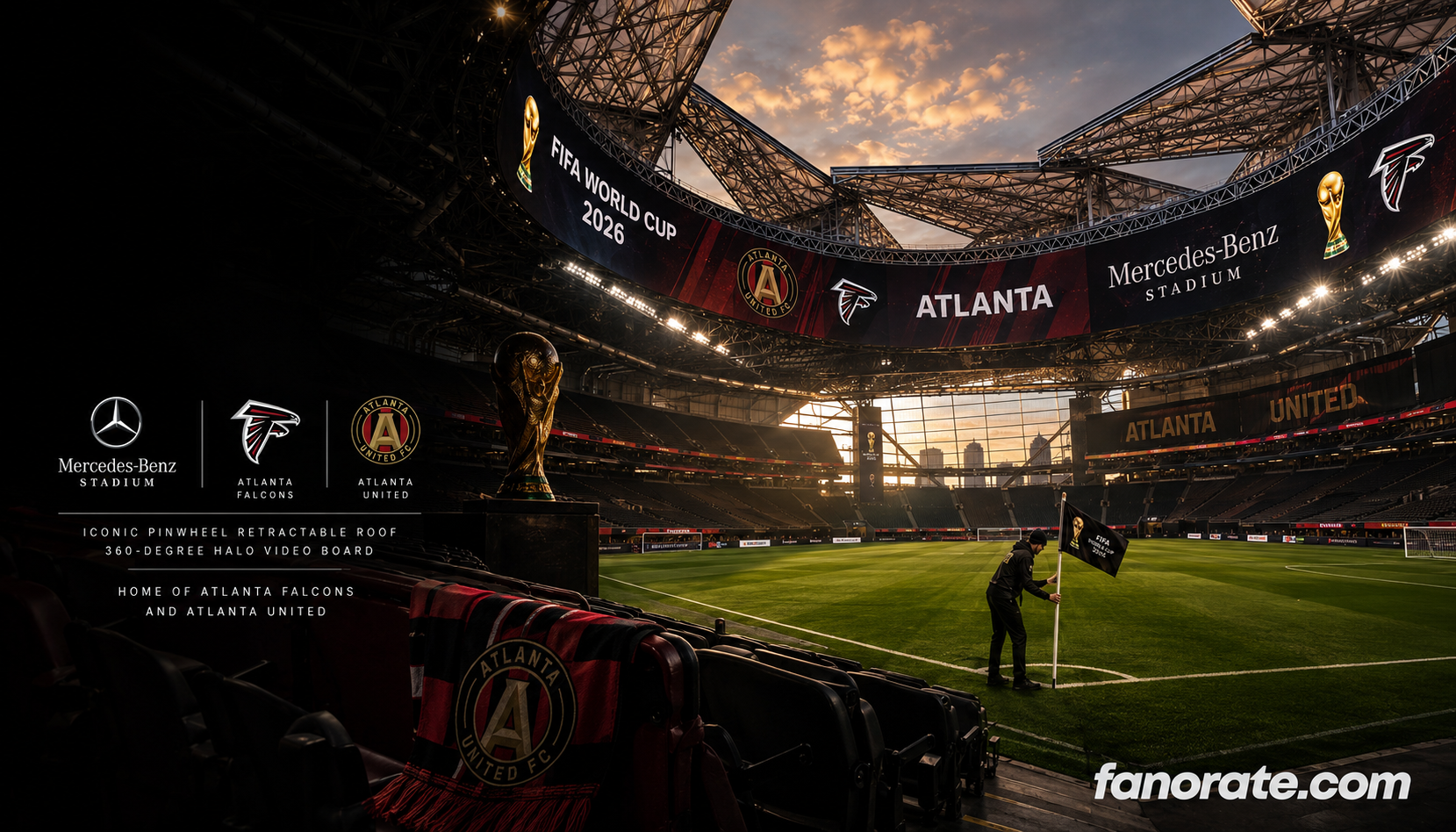 Mercedes-Benz Stadium editorial — cinematic FIFA World Cup 2026 storytelling image