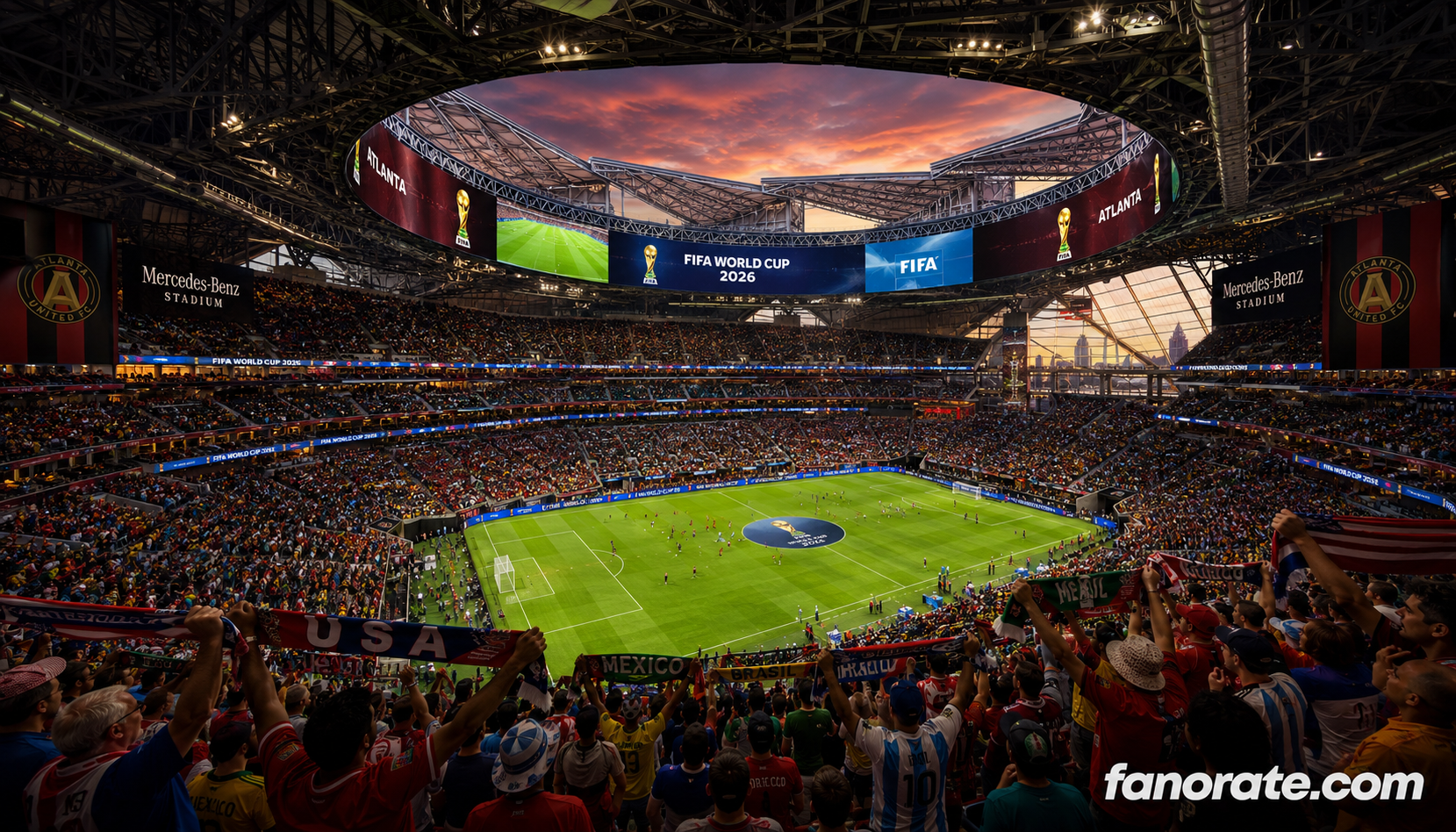 Mercedes-Benz Stadium interior bowl on a FIFA World Cup 2026 matchday
