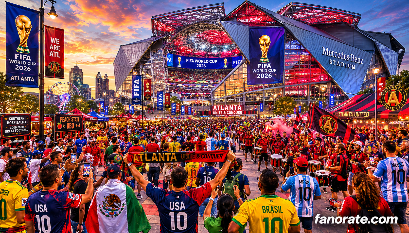 Mercedes-Benz Stadium matchday atmosphere — fans, scarves and FIFA World Cup 2026 energy