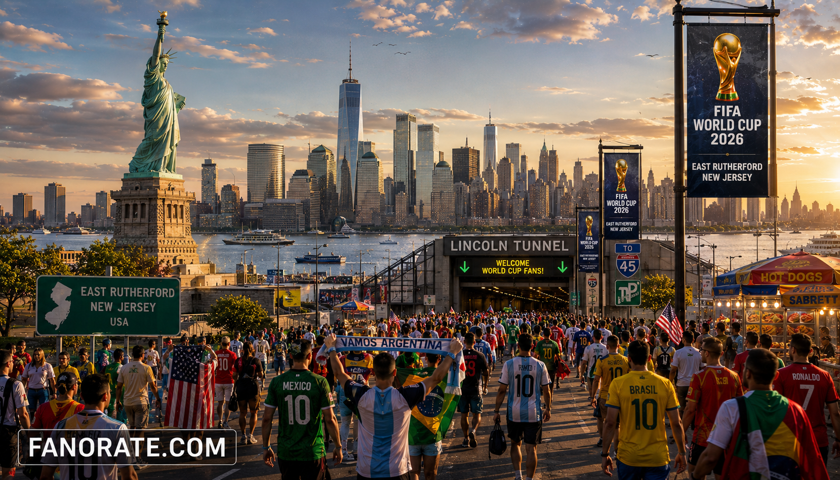 MetLife Stadium host city skyline and FIFA World Cup 2026 fan atmosphere