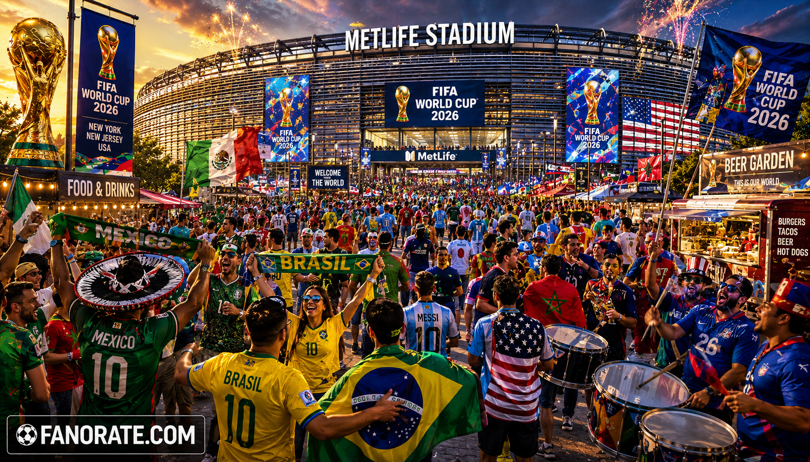 MetLife Stadium matchday atmosphere — fans, scarves and FIFA World Cup 2026 energy