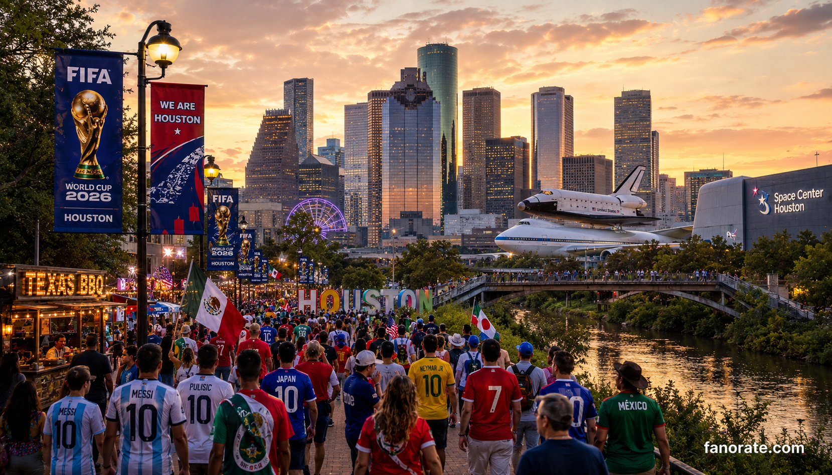 NRG Stadium host city skyline and FIFA World Cup 2026 fan atmosphere