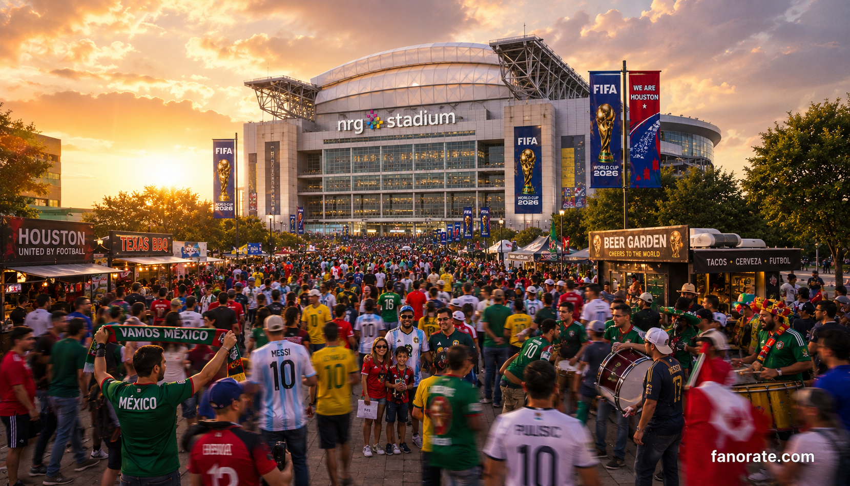 NRG Stadium matchday atmosphere — fans, scarves and FIFA World Cup 2026 energy