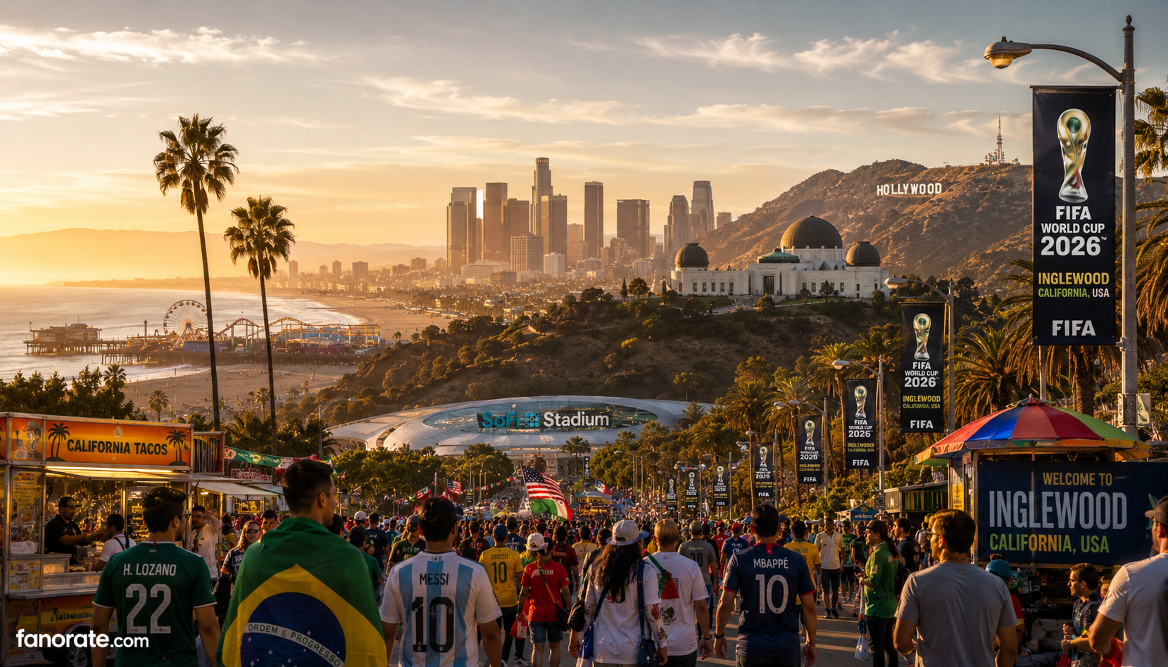 SoFi Stadium host city skyline and FIFA World Cup 2026 fan atmosphere