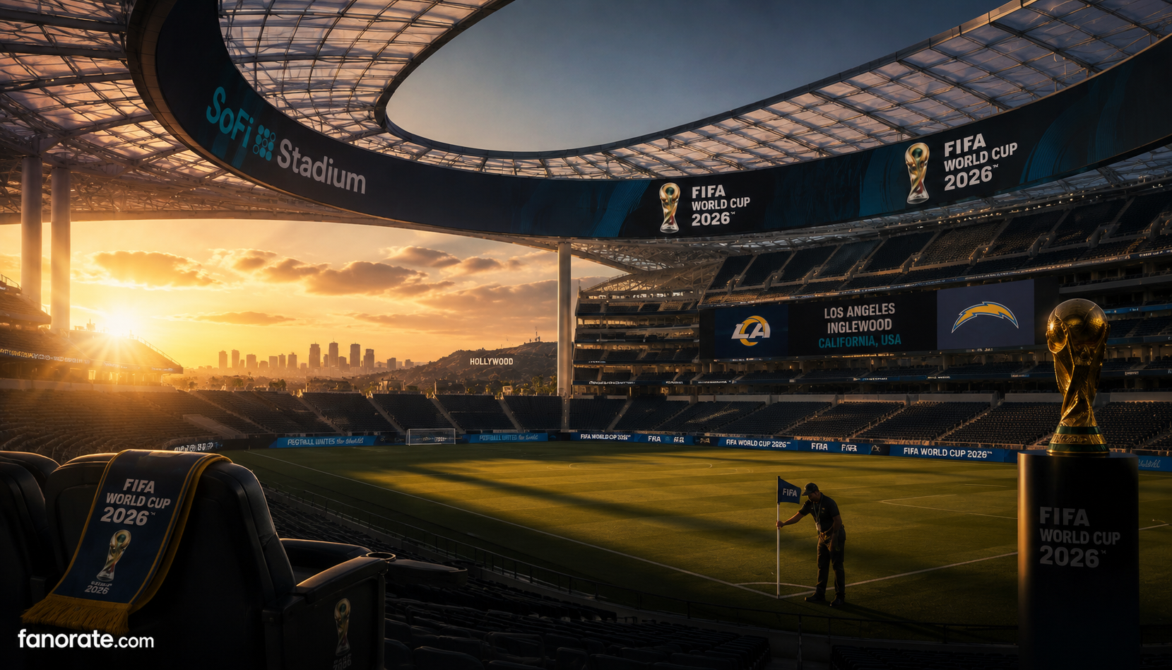 SoFi Stadium editorial — cinematic FIFA World Cup 2026 storytelling image