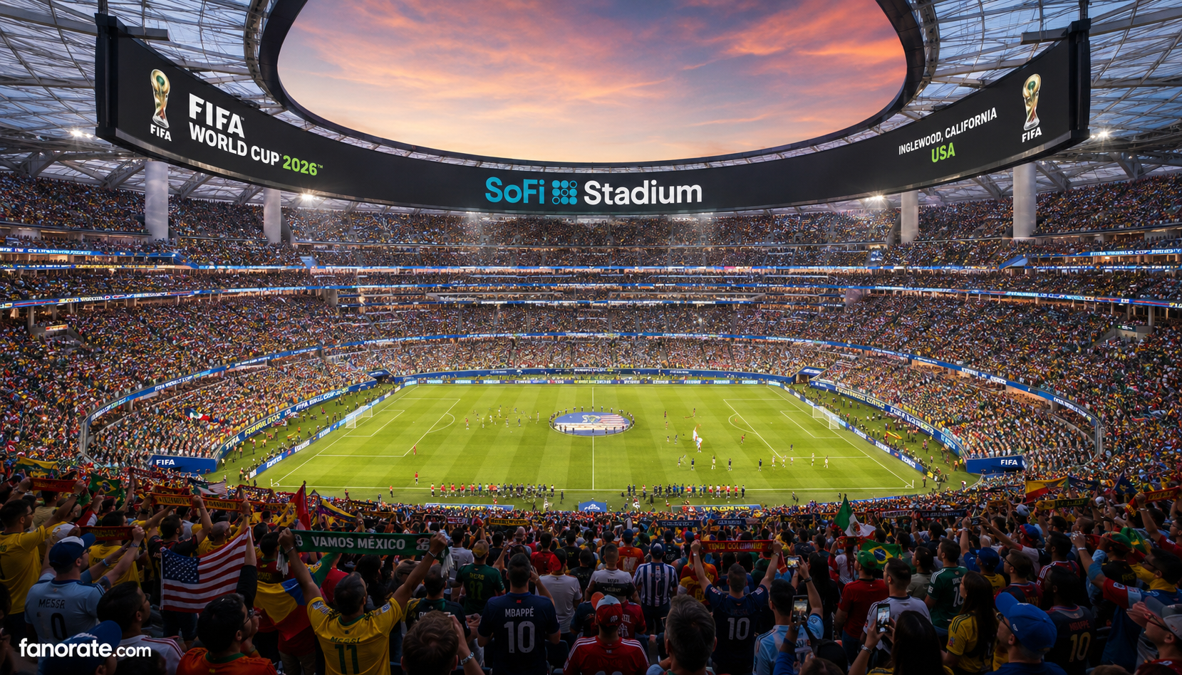 SoFi Stadium interior bowl on a FIFA World Cup 2026 matchday