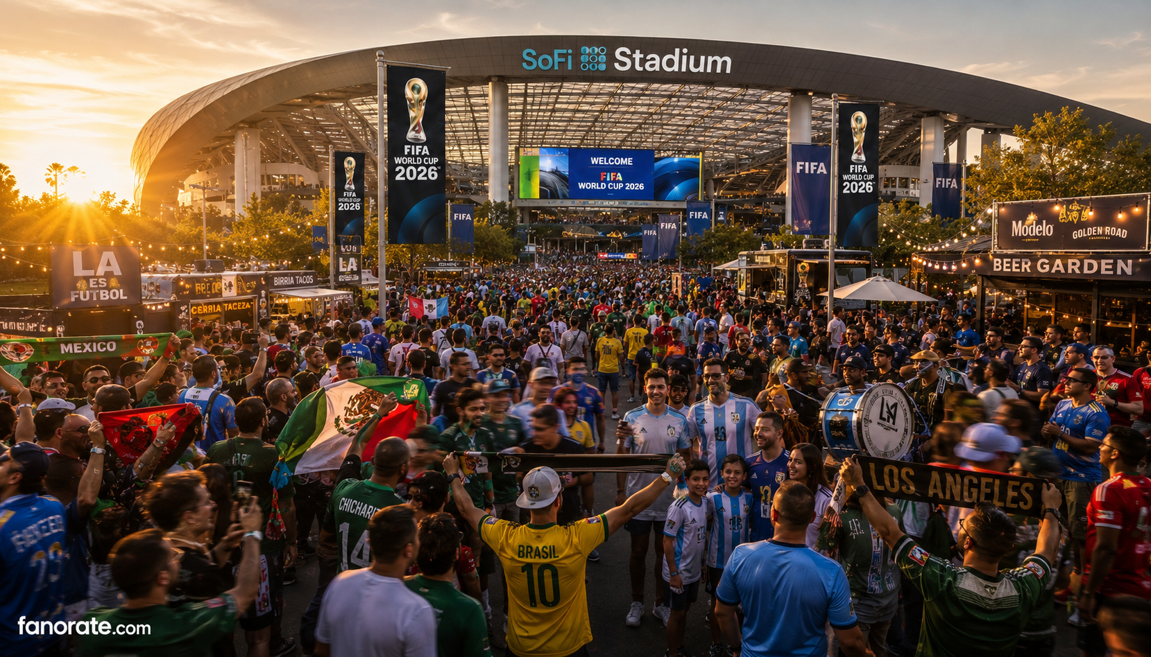 SoFi Stadium matchday atmosphere — fans, scarves and FIFA World Cup 2026 energy